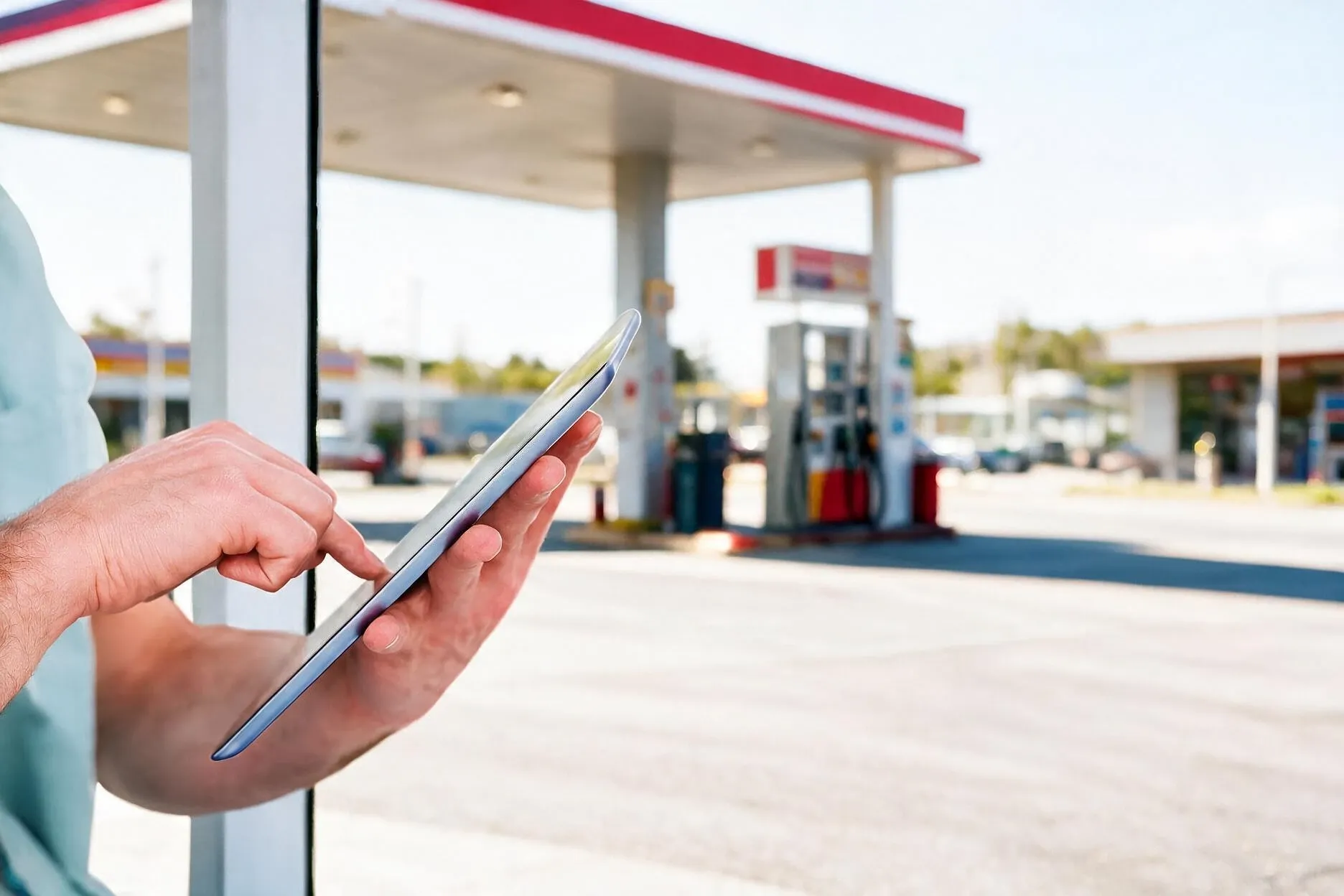 Customer using a tablet at a service station